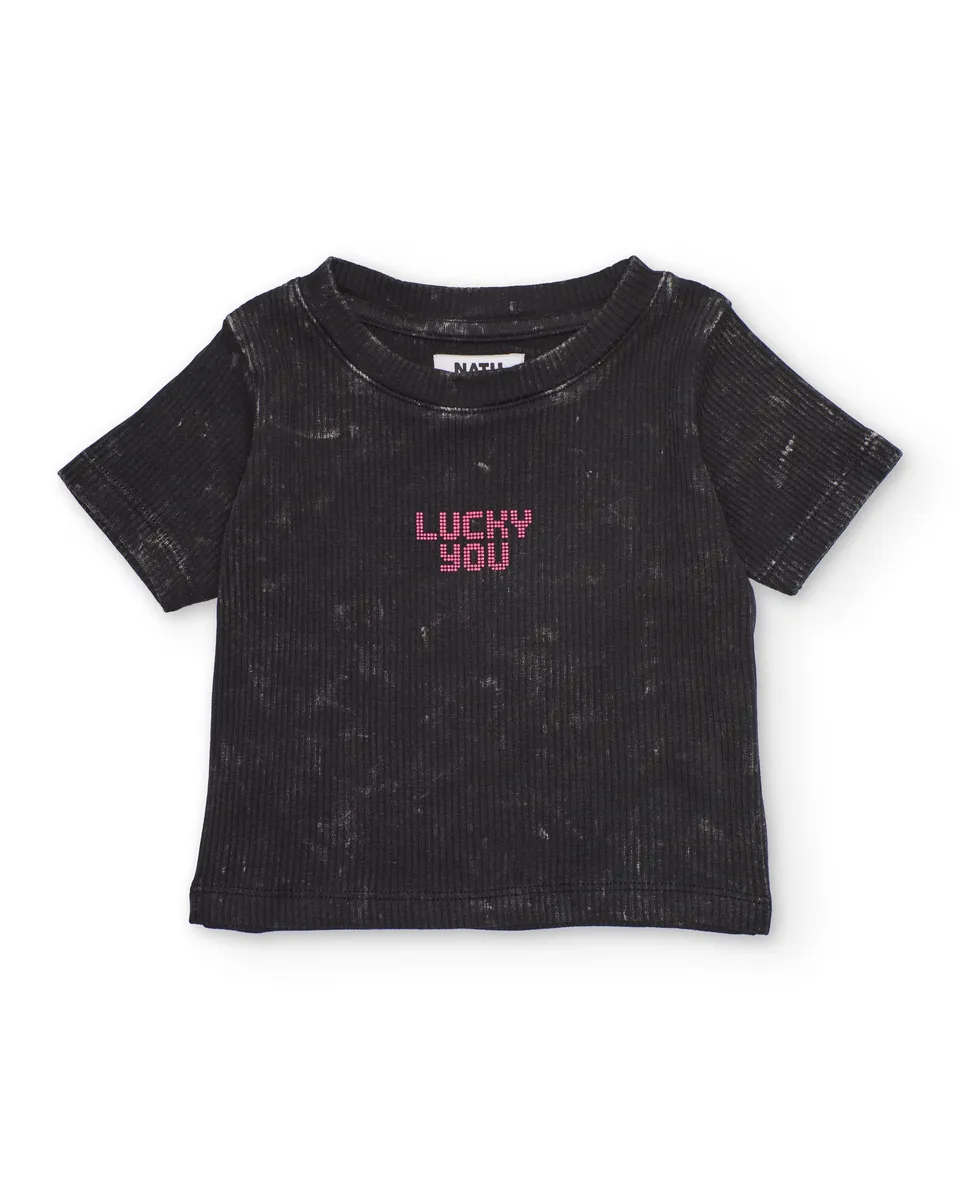 TucTuc Magliette t-shirt bambina nero effetto lavato costine