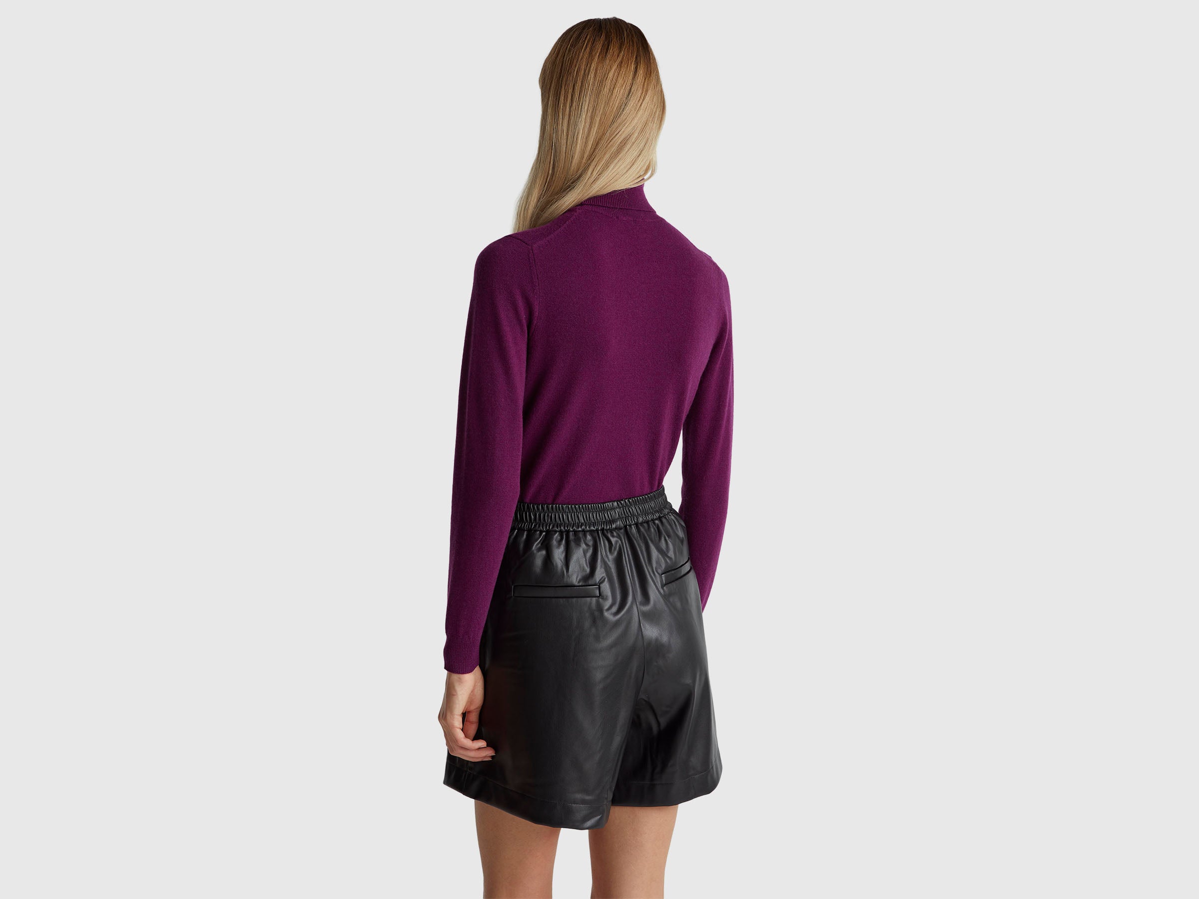 Benetton Maglione Dolcevita Lana Merino Viola