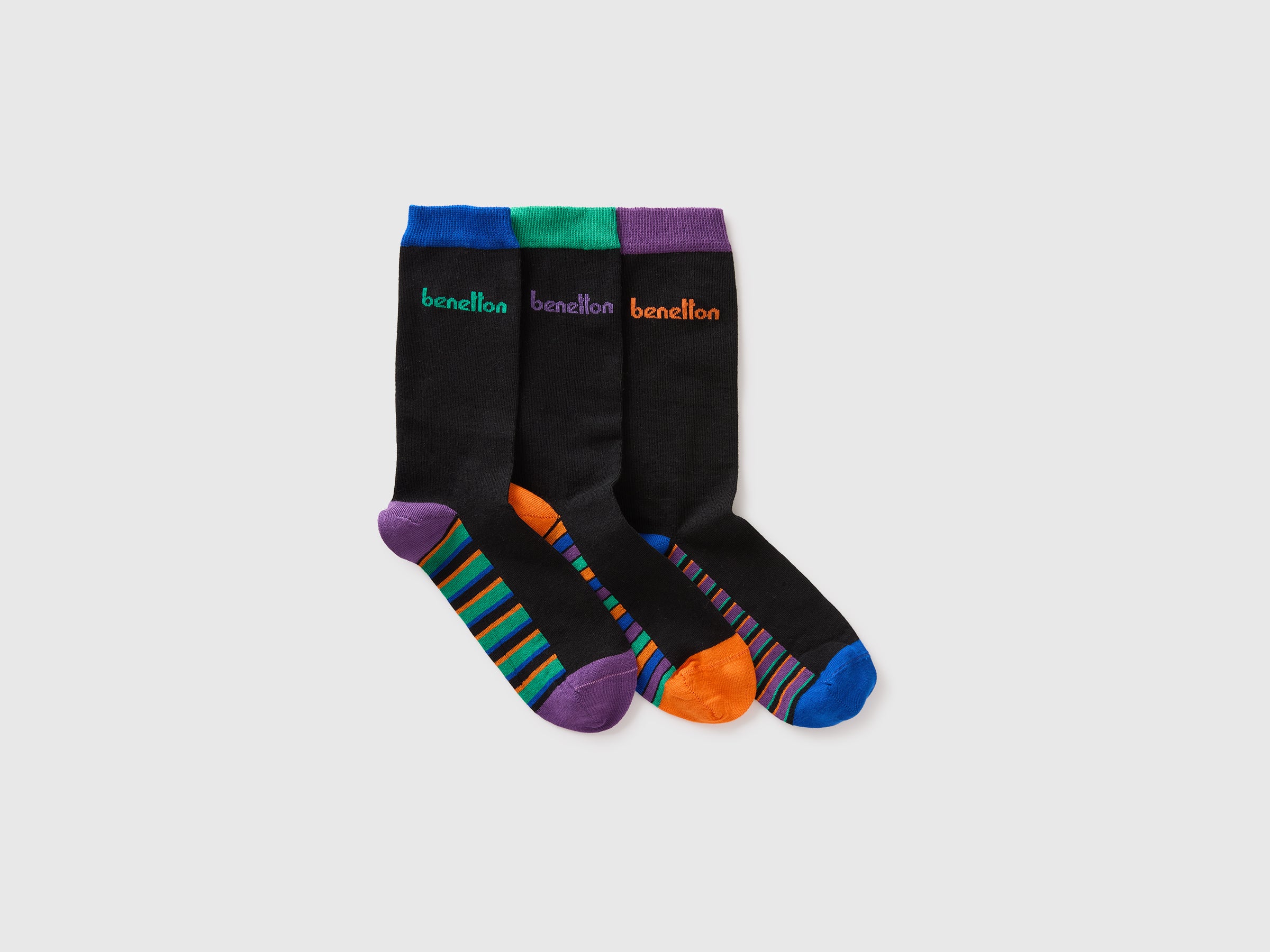 United Colors of Benetton Calzini Cotone Neri 3 Paia Inserti Colorati