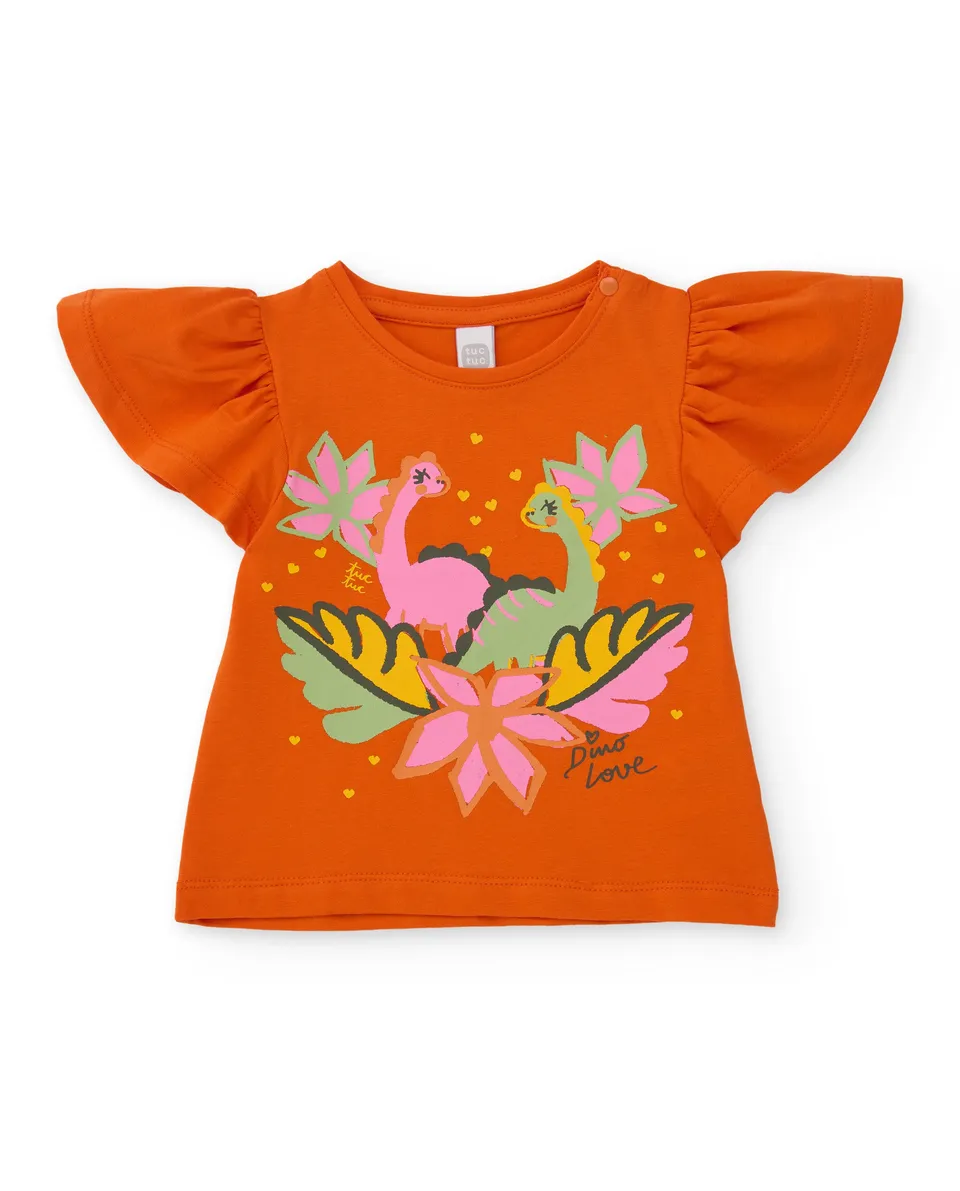 TucTuc Magliette t-shirt bambina arancione volant dinosauri