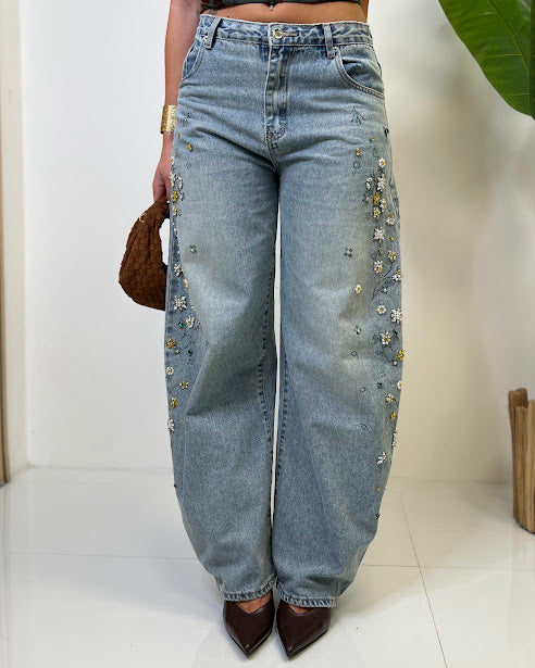 Sottosopra Donna Jea5260 jeans baggy fiori perline L