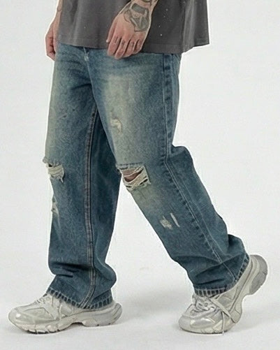Sottosopra Jeans Baggy Fit Sabbiato Strappi Denim Taglia 48