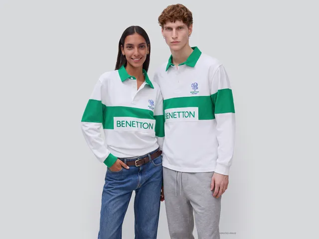 United Colors of Benetton Polo Rugby cotone bianco verde maniche lunghe