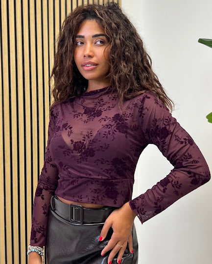 Sottosopra Maglia fi79 crop velo prugna ricami fiori