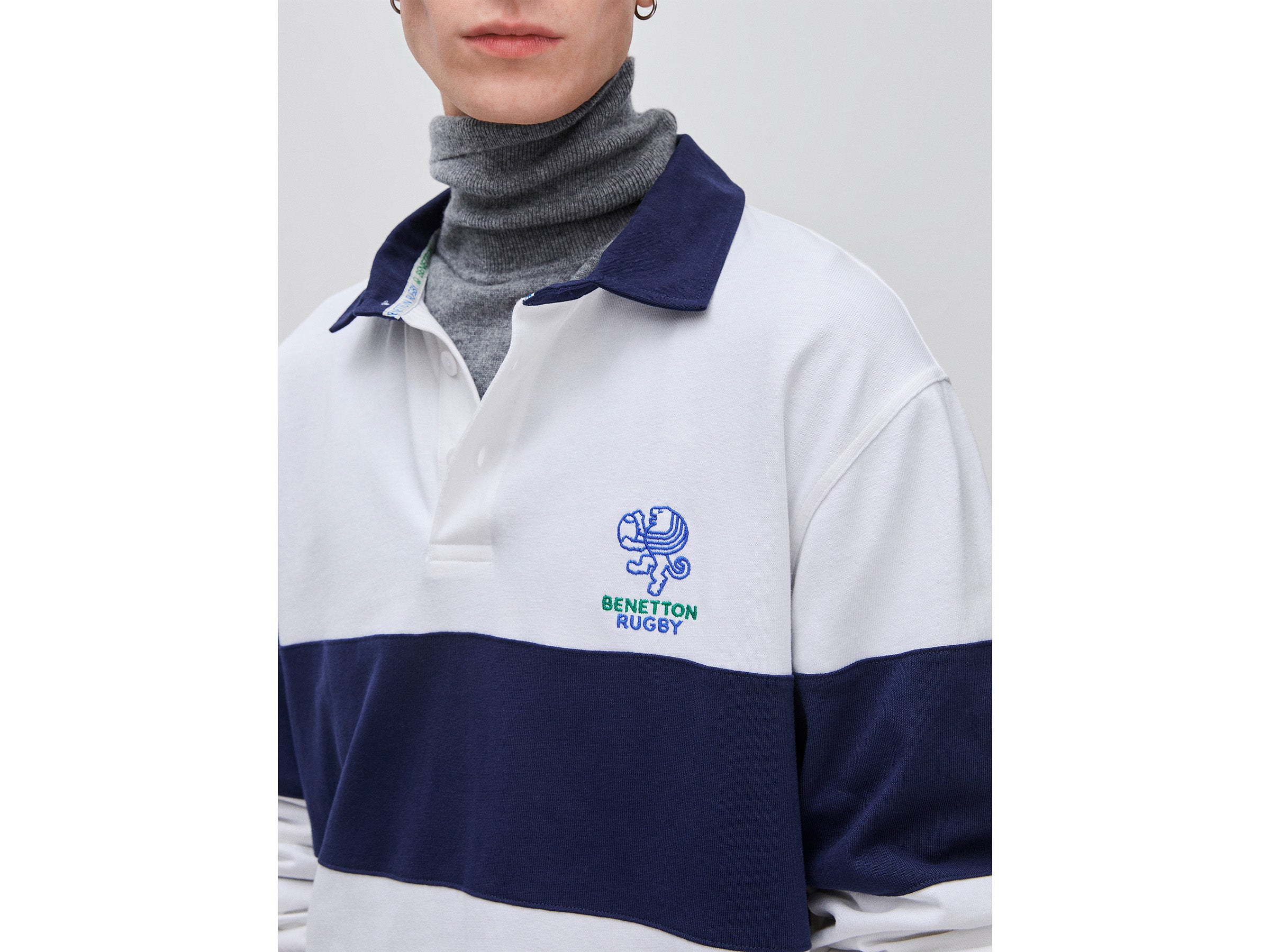 United Colors of Benetton Rugby Polo Manica Lunga Cotone Bianco Blu