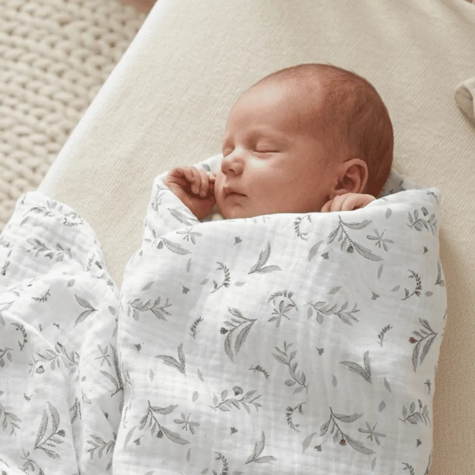 Petite Citrouille Romy mussola neonato 120x120 foglie grigie
