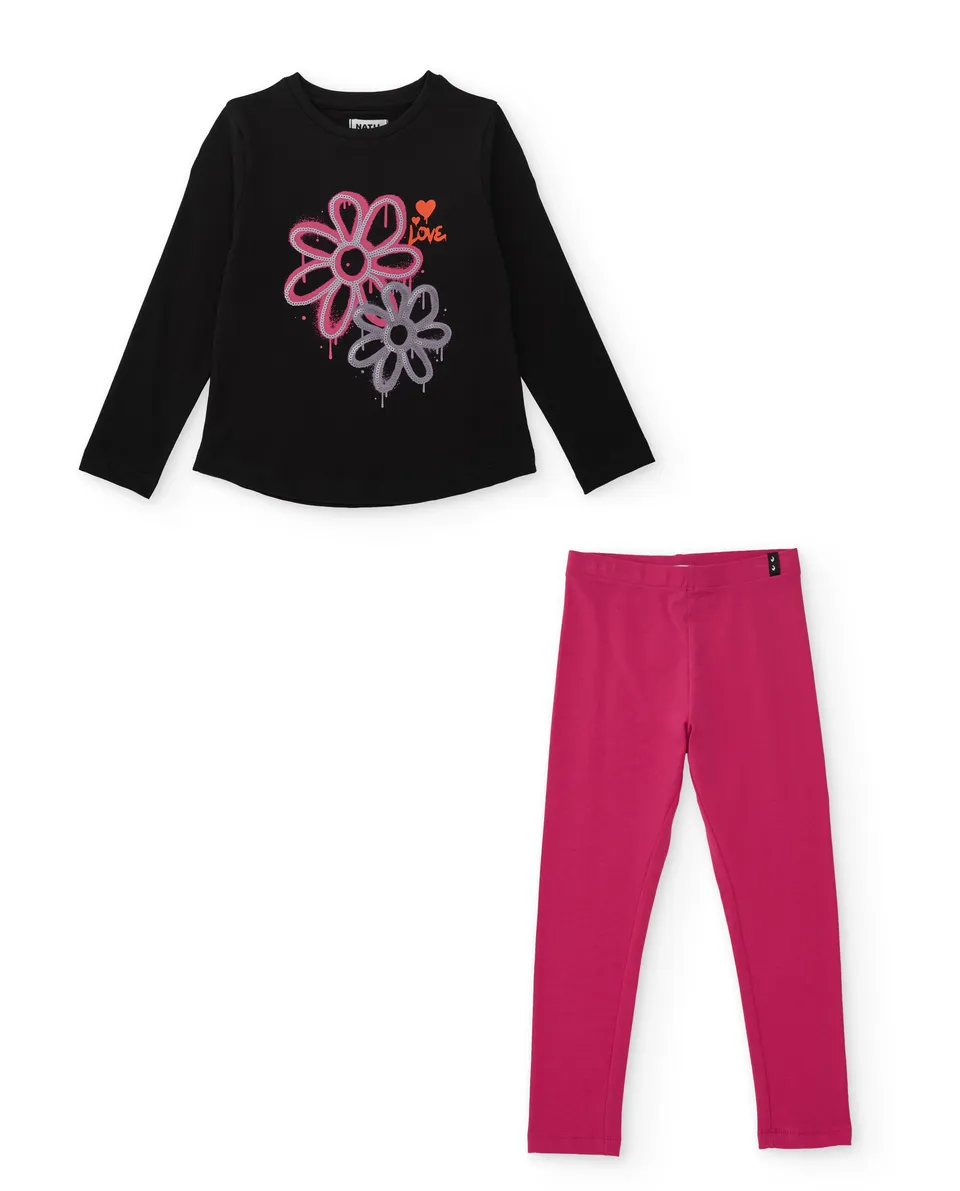TucTuc Completi Set bambina nero leggings fucsia fiori