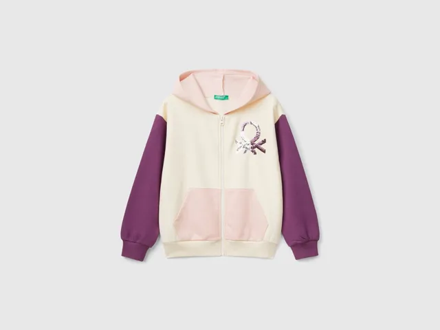 Benetton Felpa cappuccio zip paillettes cotone