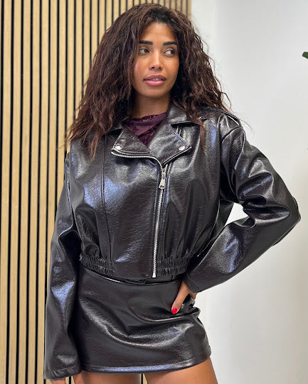 Sottosopra chiodo bomber ecopelle vernice giubbino marrone