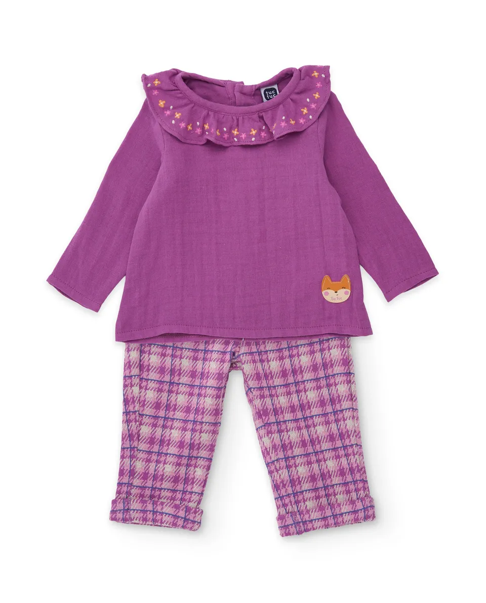 TucTuc Completi Neonata Viola 0-24M Blusa Volant+Quadri