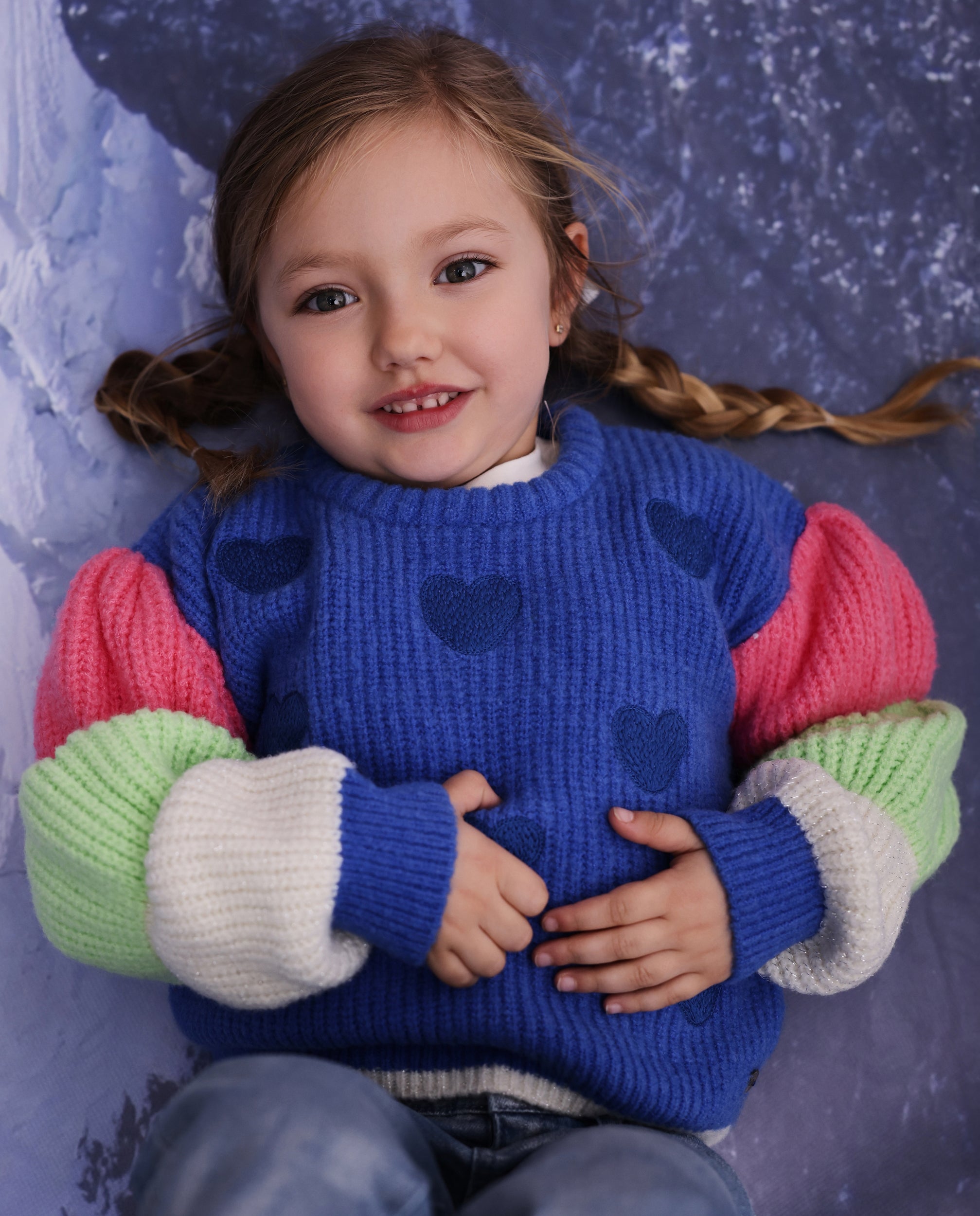 TucTuc Maglioni Maglione bambina cuori blu maniche bicolore
