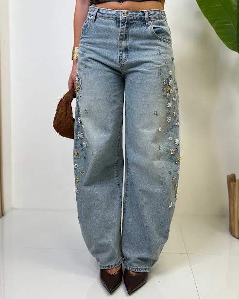 Sottosopra Donna Jea5260 jeans baggy fiori perline L