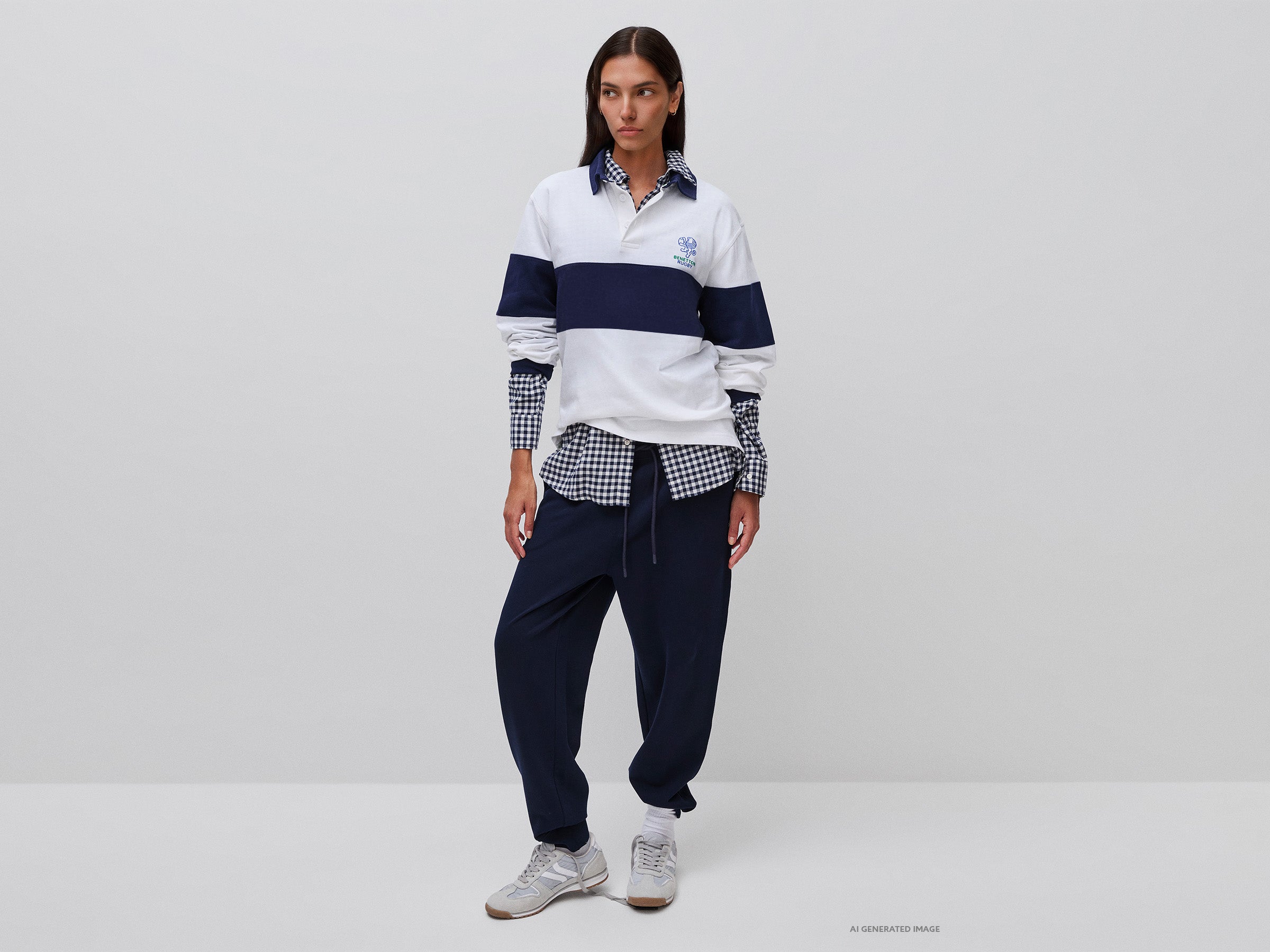 United Colors of Benetton Rugby Polo Manica Lunga Cotone Bianco Blu