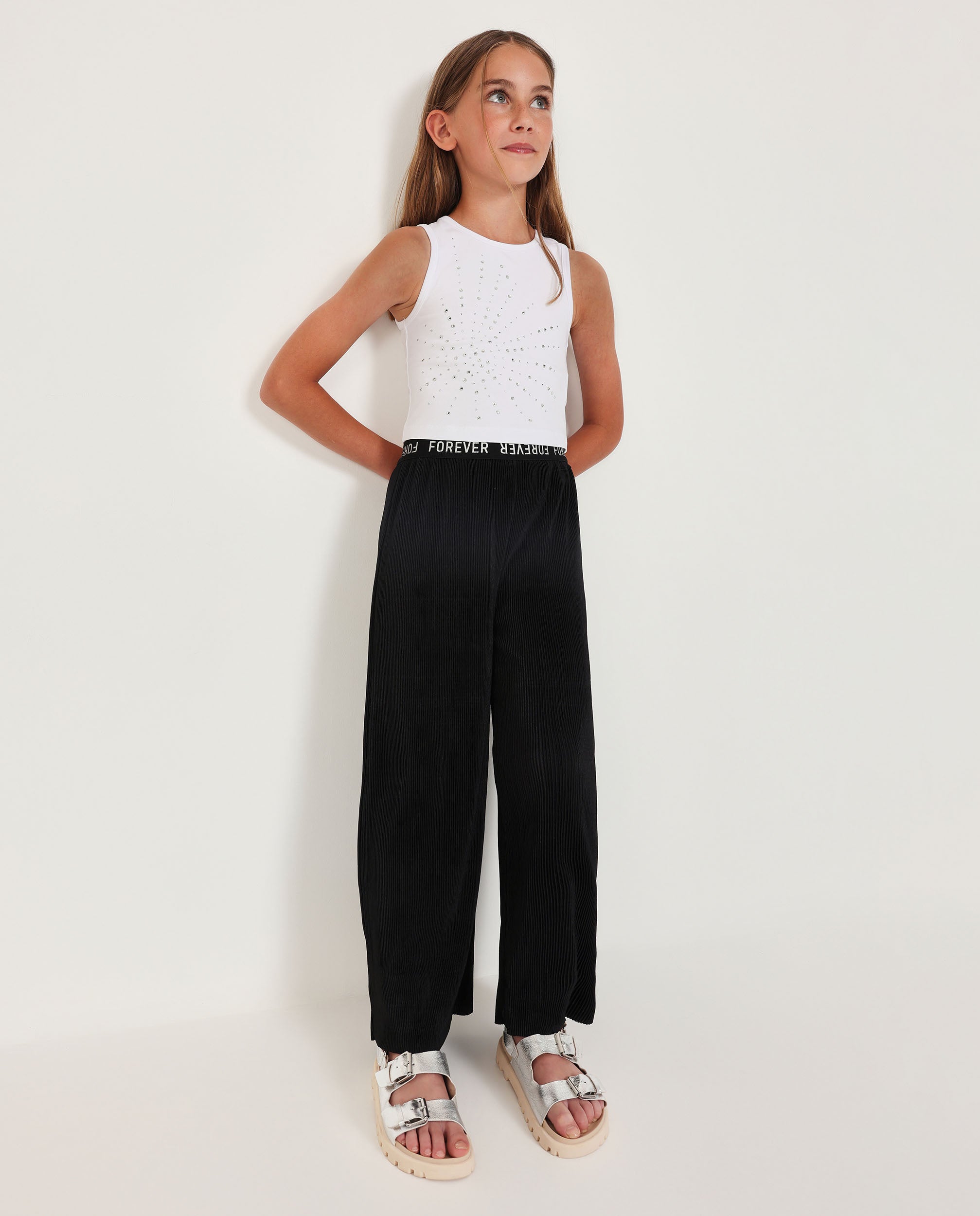 TucTuc Pantaloni Bambina Nero Maglia Coste Gamba Larga