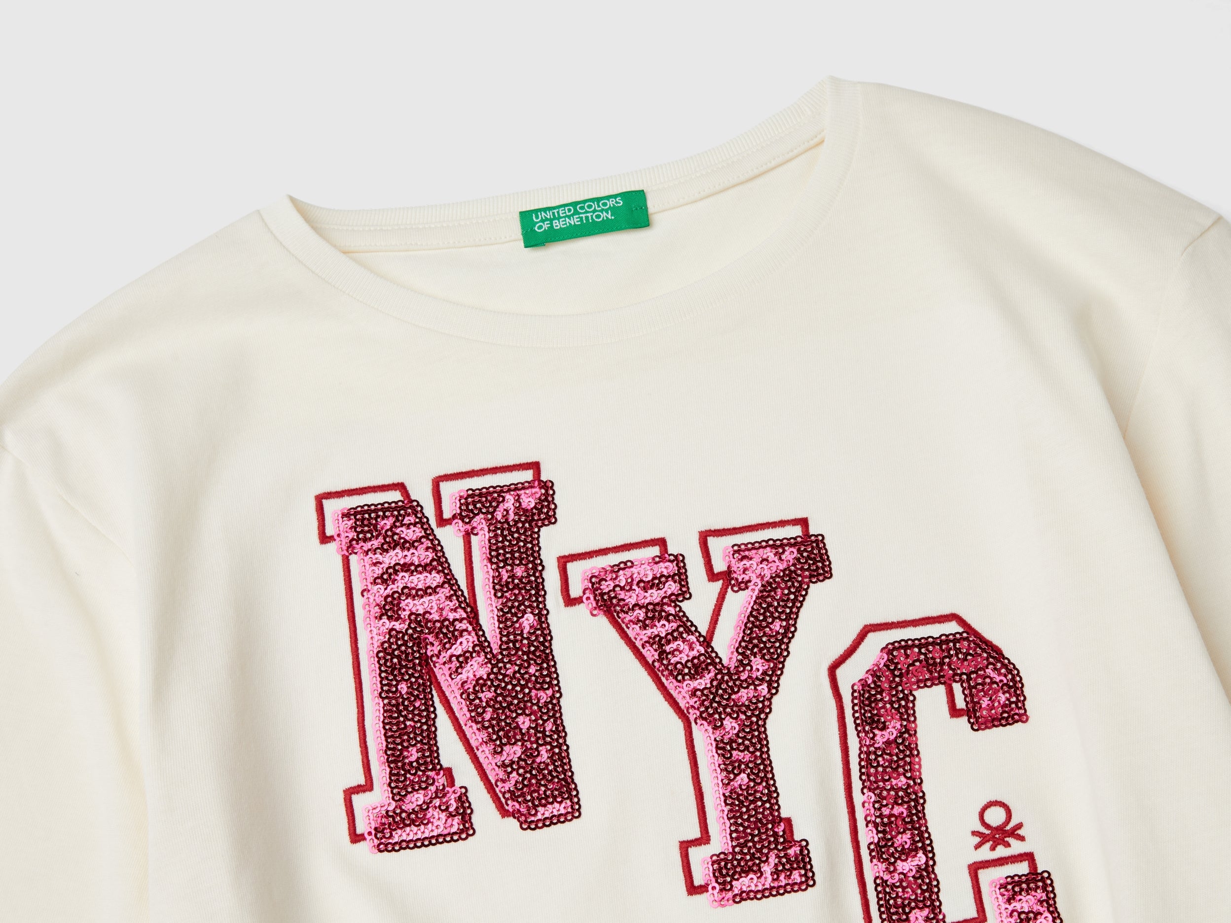 Benetton T-Shirt Maglietta Cotone Bio Paillettes Donna