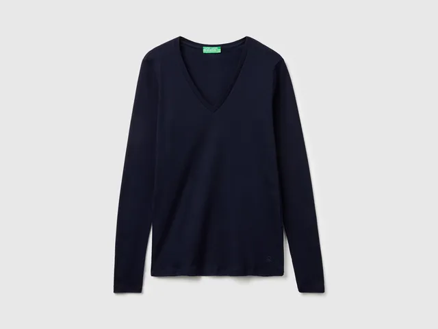 United Colors of Benetton t-shirt blu scollo V cotone taglia M
