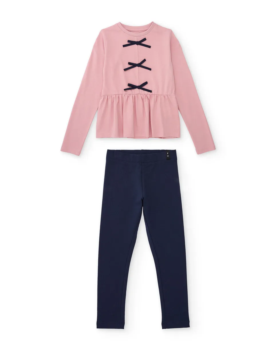 TucTuc Completi Completo Bambina Maglia Rosa Chiaro Fiocchi 2 Pezzi