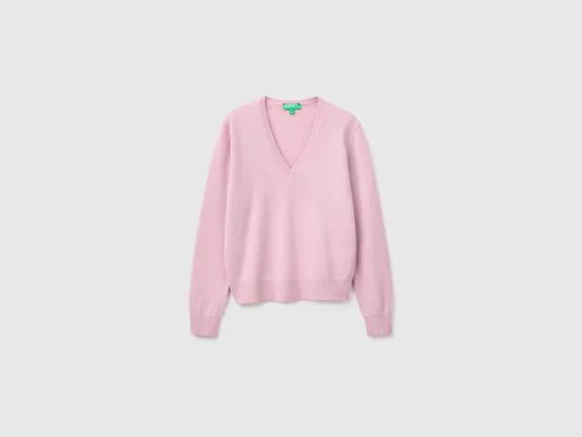 United Colors of Benetton Maglione scollo V lana merino lilla taglia M