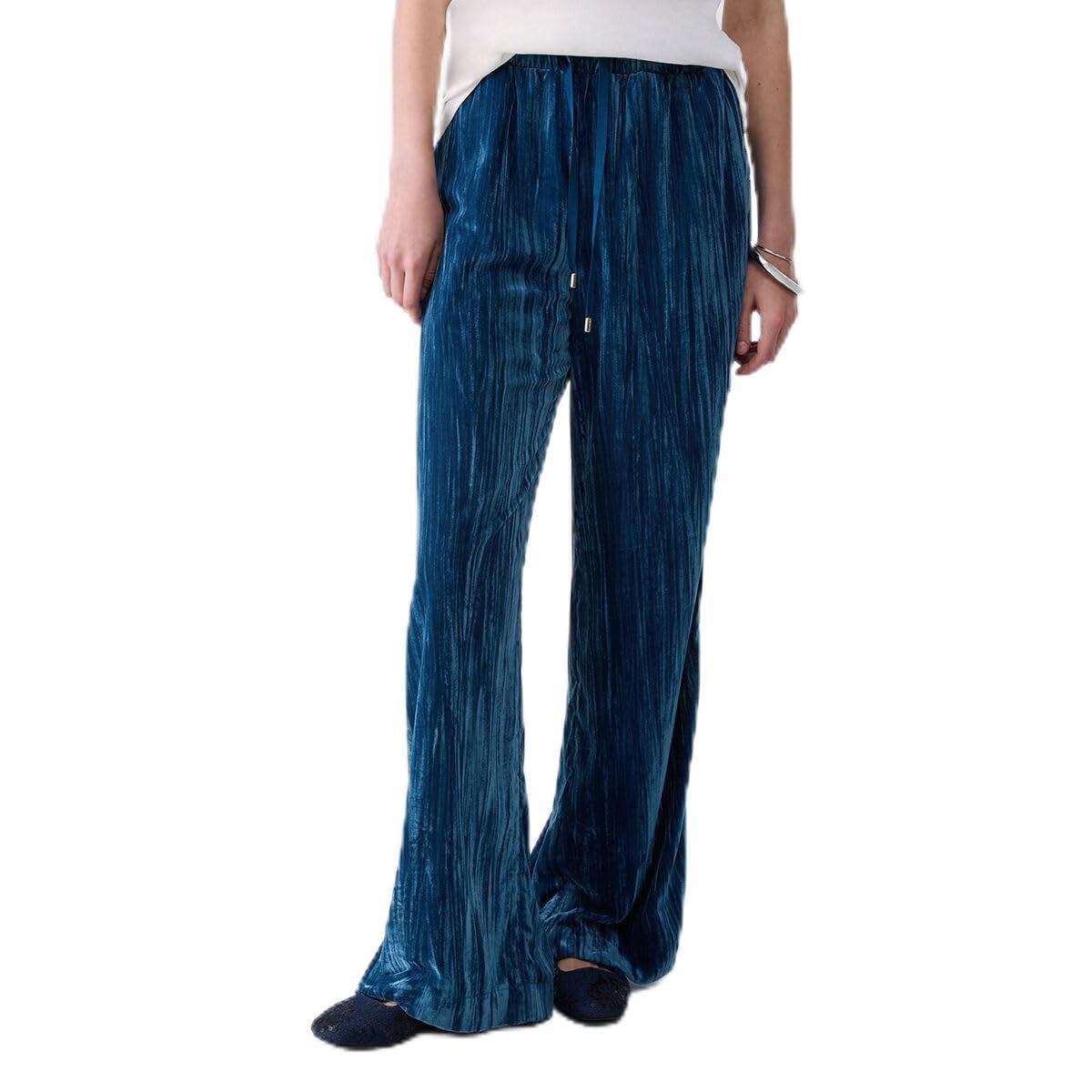 Liu Jo Pantaloni Velluto Crinkle Elastico Coulisse Blu Bianco