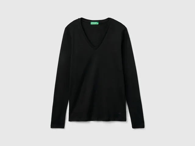 United Colors of Benetton T-shirt Nera Scollo V Cotone Maniche Lunghe