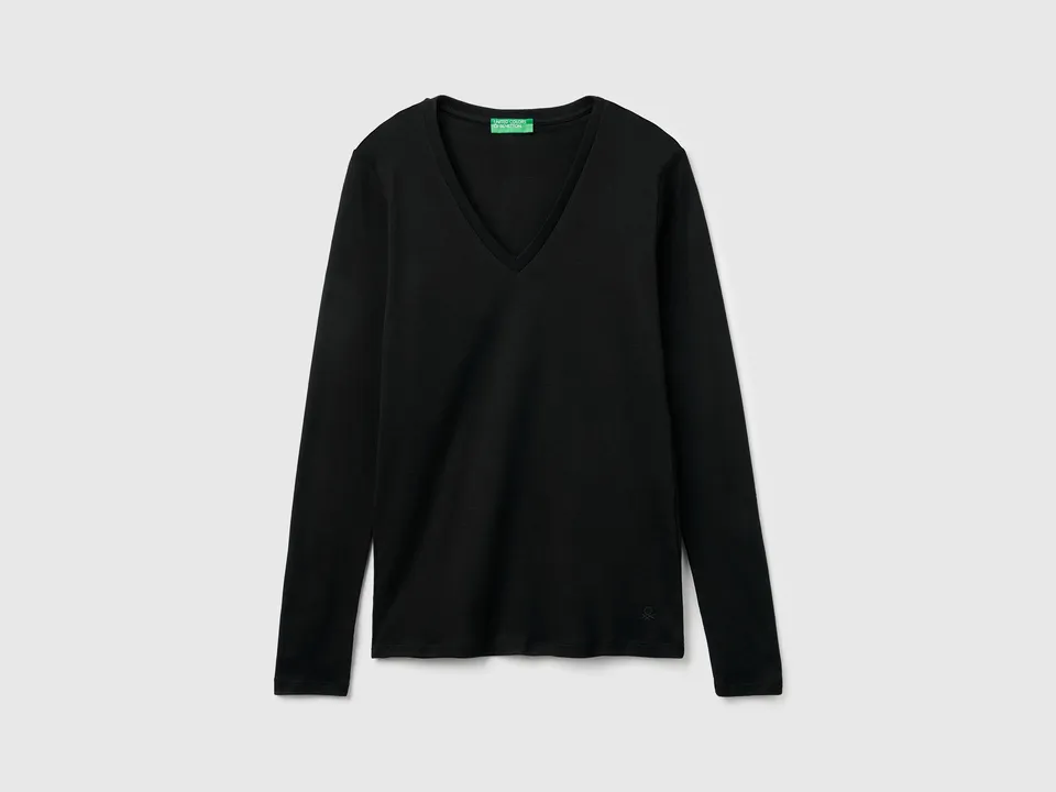United Colors of Benetton T-shirt Nera Scollo V Cotone Maniche Lunghe