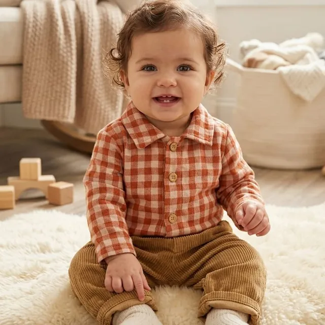 Petite Citrouille Gaspard camicia neonato quadri terracotta cotone
