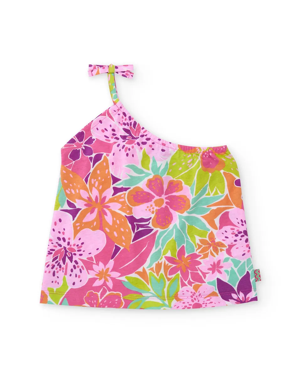 TucTuc Magliette Top Bambina Rosa Asimmetrico Fiori