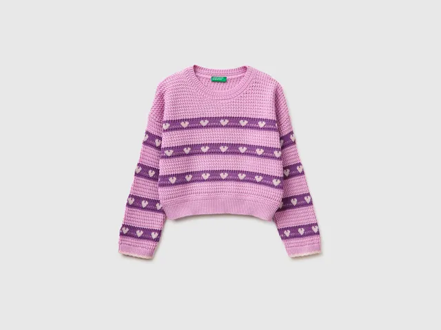Benetton Maglione Righe e Cuori Cotone Taglia M