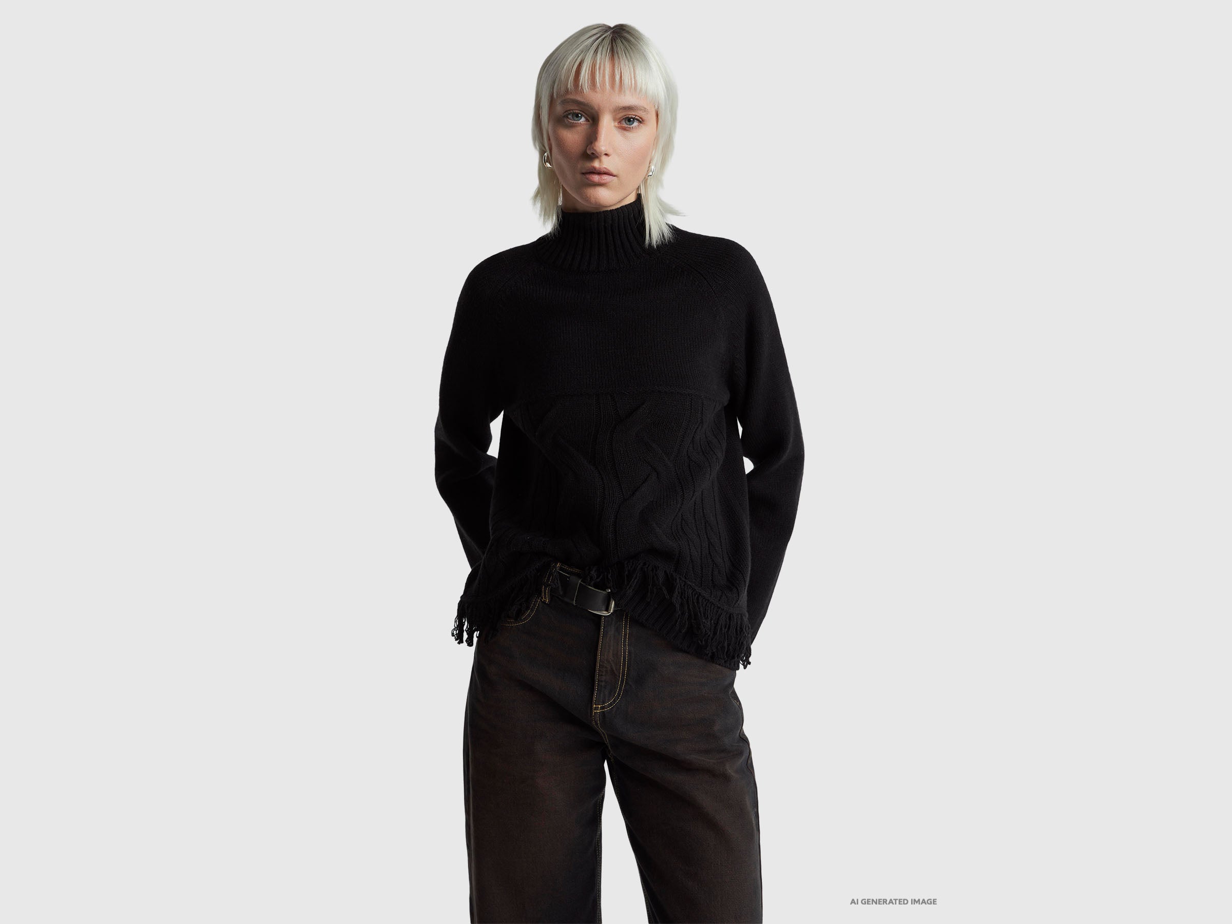 United Colors of Benetton maglione dolcevita lana frange taglia M