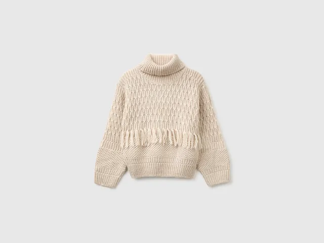 United Colors of Benetton Maglione Frange Misto Lana Collo Alto