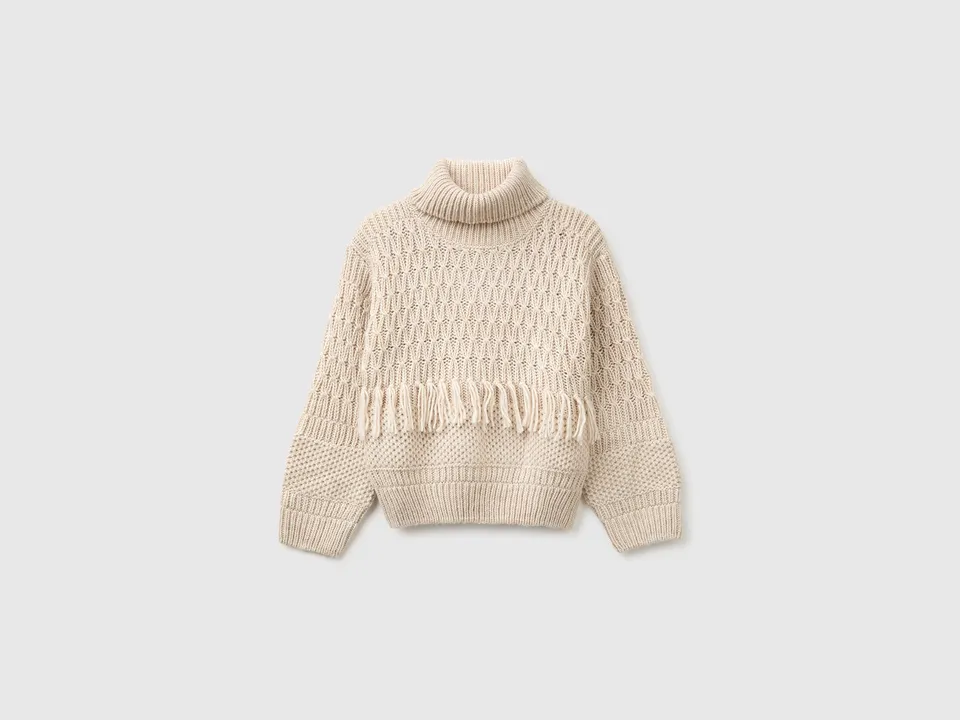 United Colors of Benetton Maglione Frange Misto Lana Collo Alto