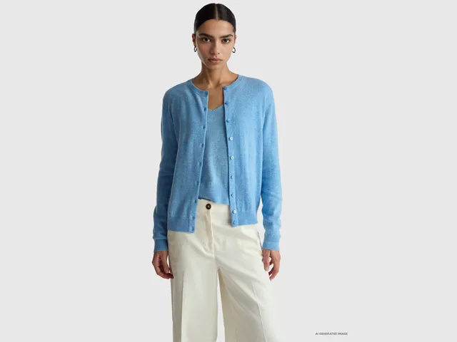 United Colors of Benetton cardigan lana merino azzurro collo rotondo