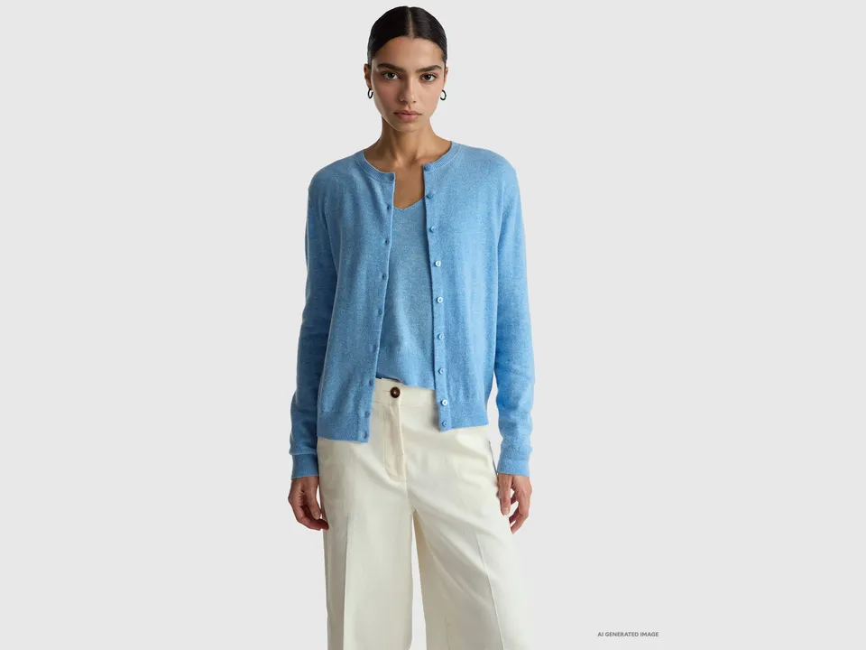 United Colors of Benetton cardigan lana merino azzurro collo rotondo