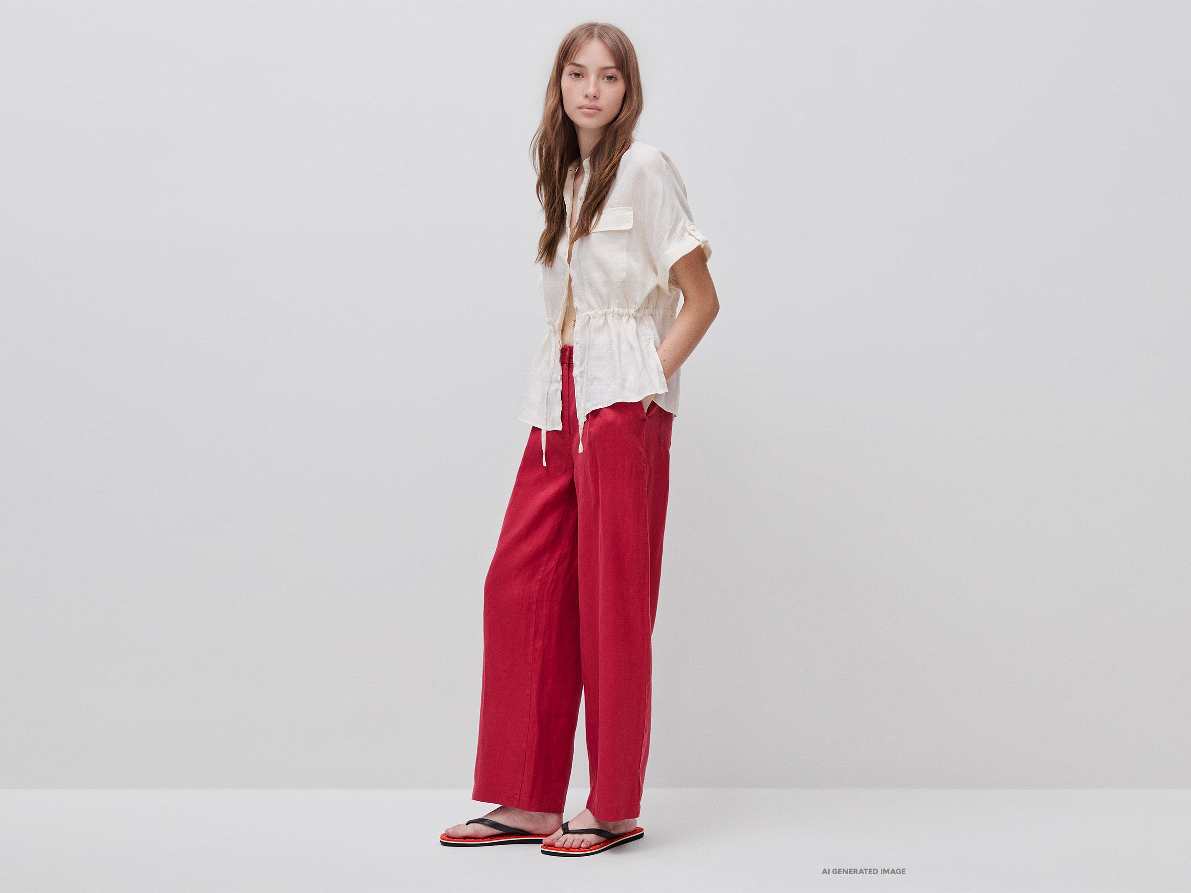 United Colors of Benetton Pantaloni vita alta lino puro