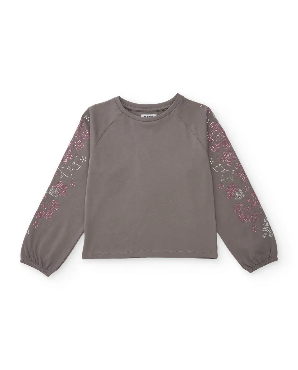 TucTuc Magliette Maglia bambina grigia fiori maniche lunghe