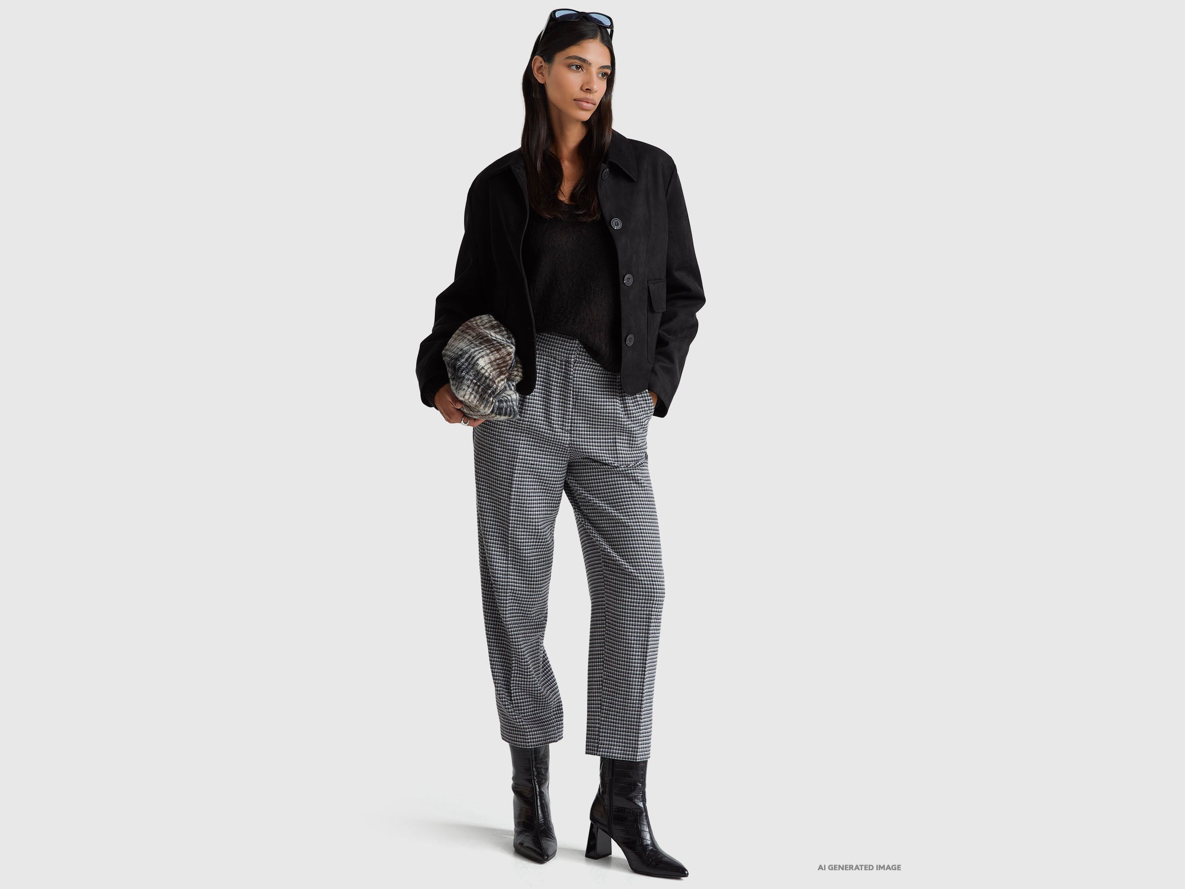 Benetton pantaloni pied-de-poule 42 flanella viscosa