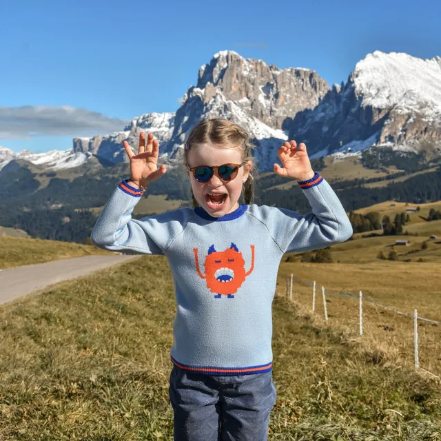 Pamboo Merino Maglione lana bambino blu mostro arancione