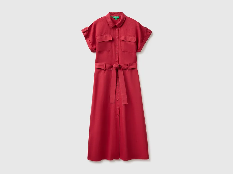 Benetton Vestito Chemisier Midi Puro Lino con Cintura
