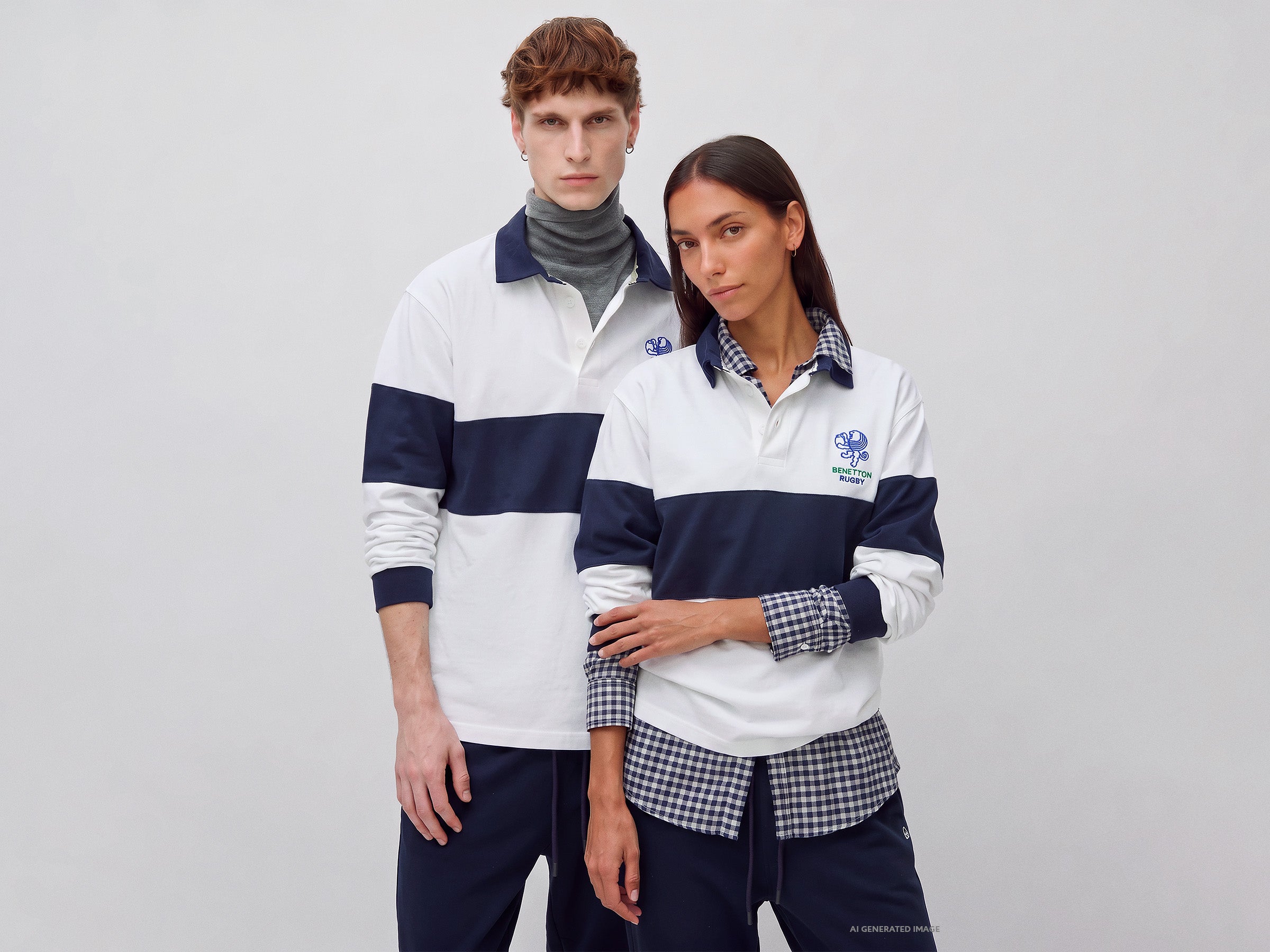 United Colors of Benetton Rugby Polo Manica Lunga Cotone Bianco Blu
