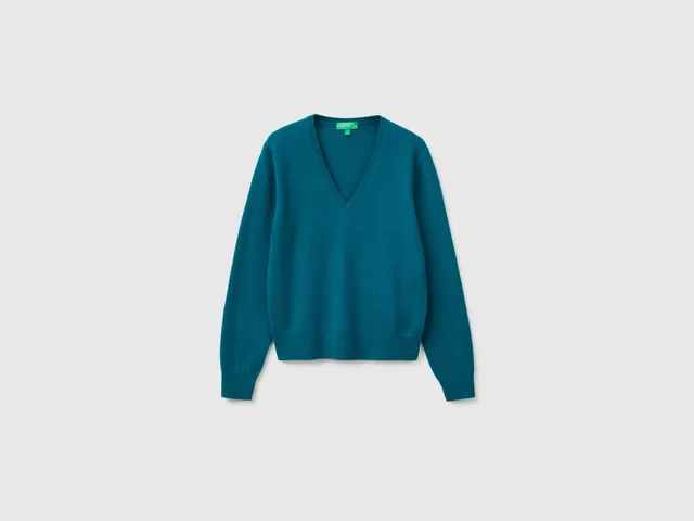 United Colors of Benetton Teal Maglione Lana Merino Scollo V M