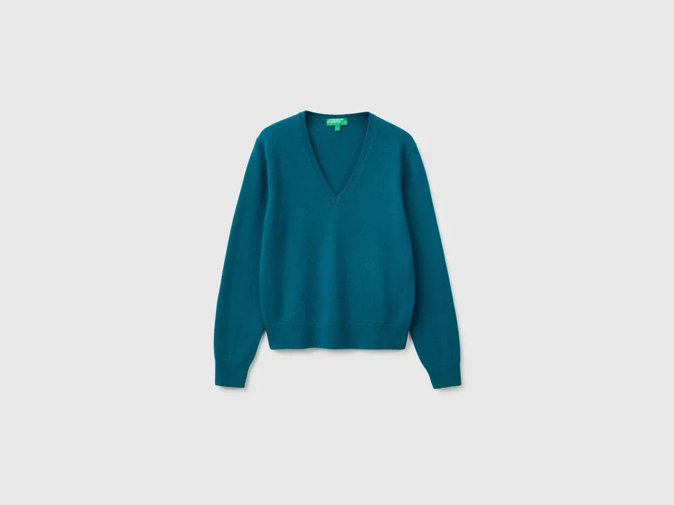 United Colors of Benetton Teal Maglione Lana Merino Scollo V M