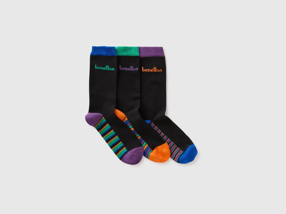 United Colors of Benetton Calzini Cotone Neri 3 Paia Inserti Colorati