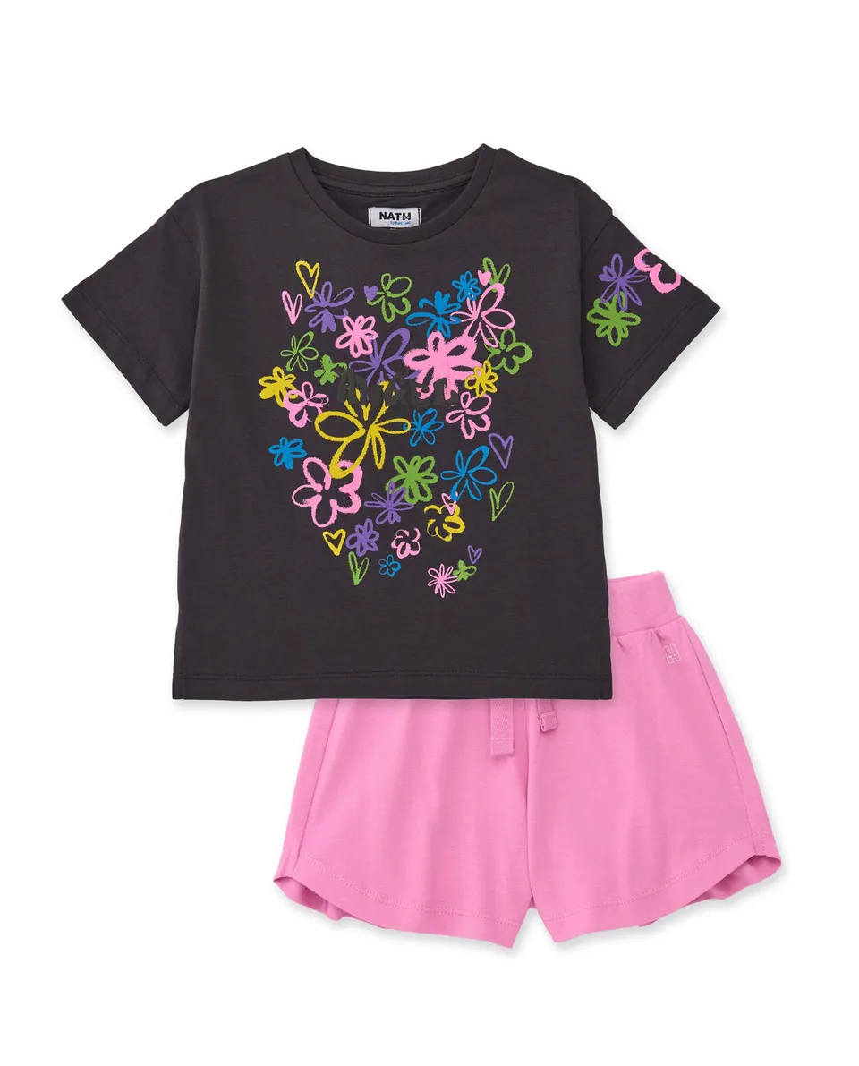 TucTuc Completi Set Bambina Maglia Fiori Grigio Rosa