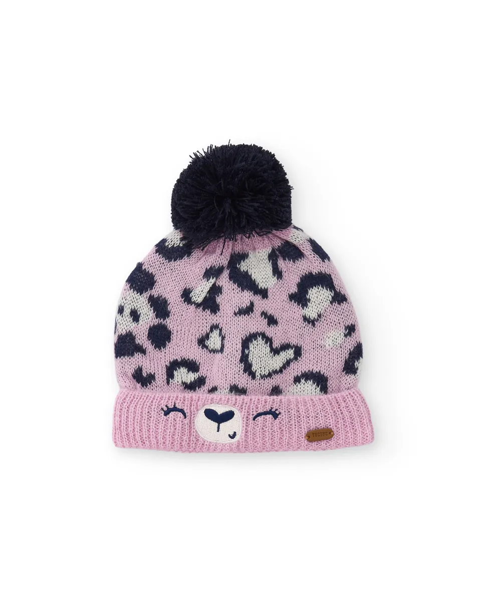 TucTuc Accessori berretto bambina rosa animalier con pon pon