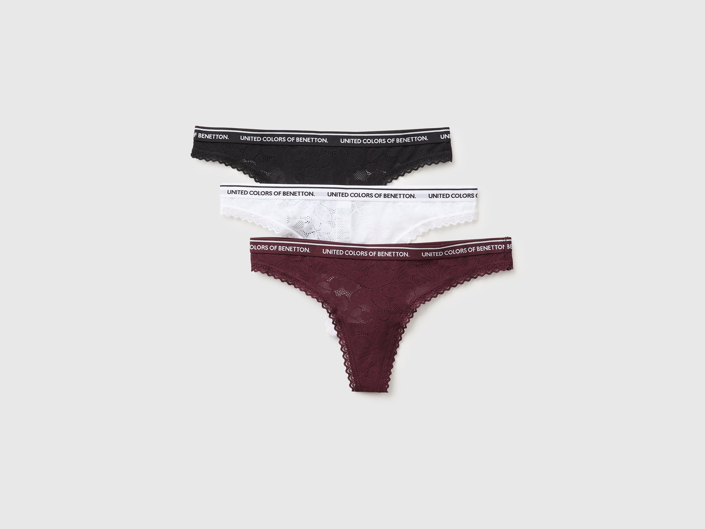 United Colors of Benetton Perizoma pizzo 3 pezzi nero bordeaux bianco