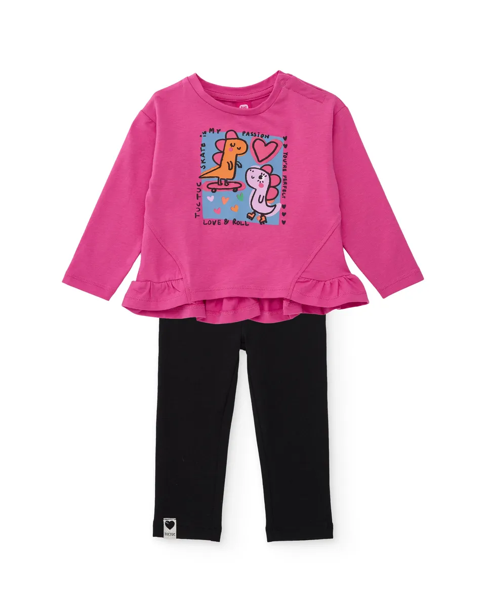 TucTuc Completi dinosauri completo bambina fucsia cotone 2 pezzi