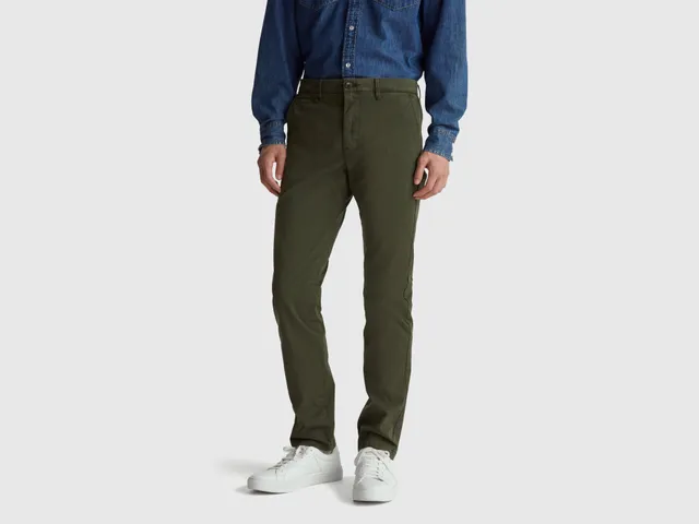 Benetton Trousers chinos verde scuro cotone slim taglia 42