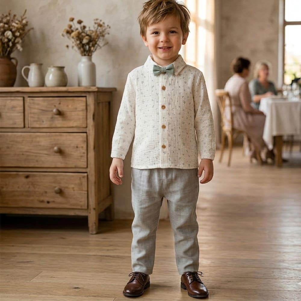 Petite Citrouille Sasha camicia neonato fiori grigi con papillon