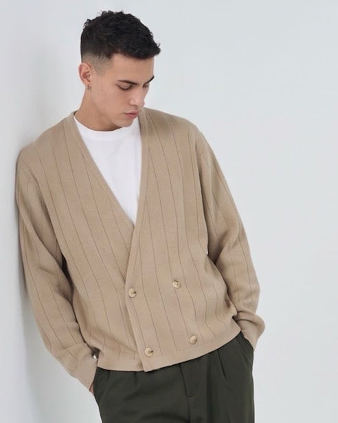 Sottosopra Cardigan a V Trama Rigata Doppio Petto Maglia Marrone M
