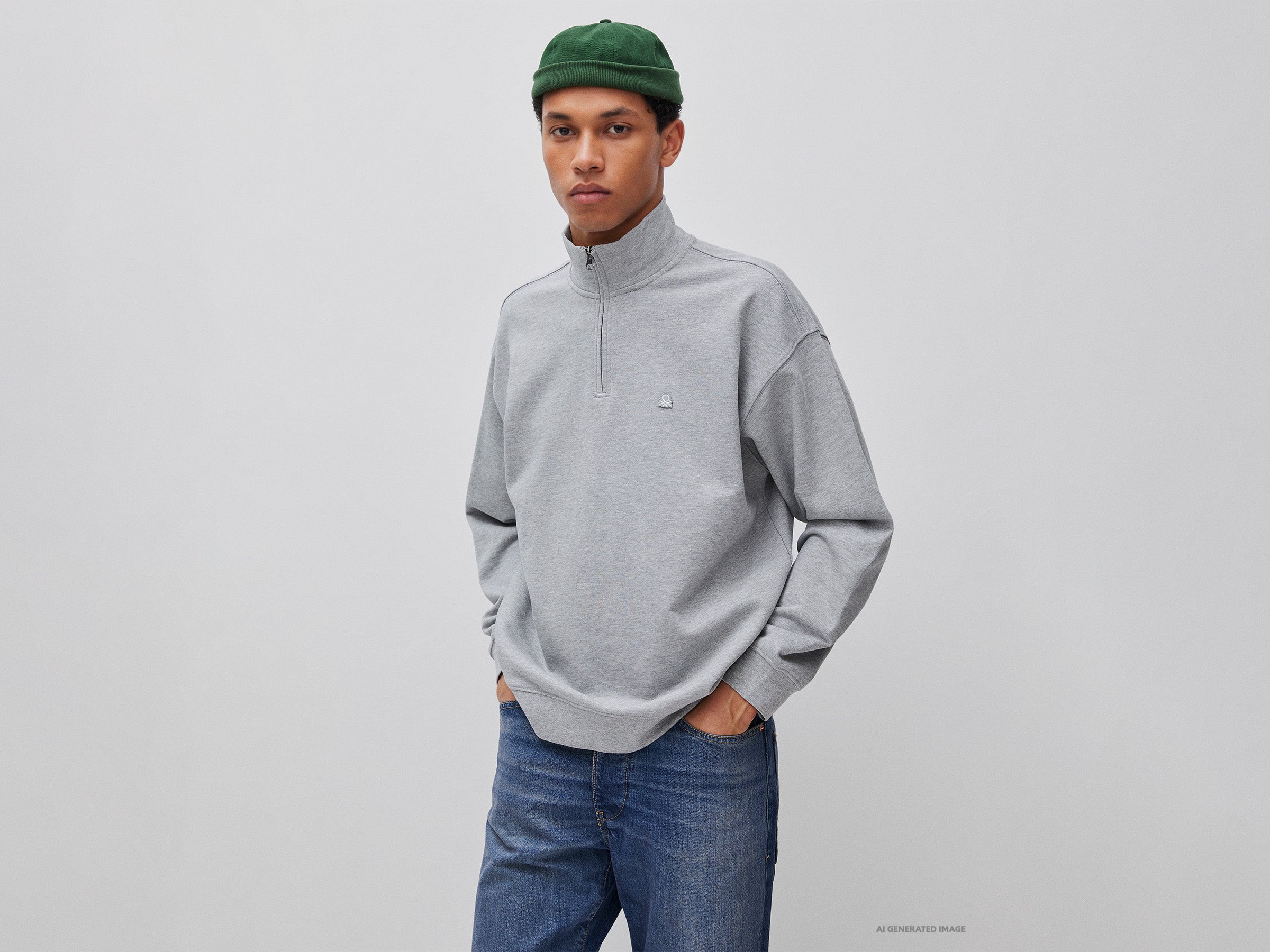 United Colors of Benetton Felpa Mezza Zip Cotone Bio Collo Alto